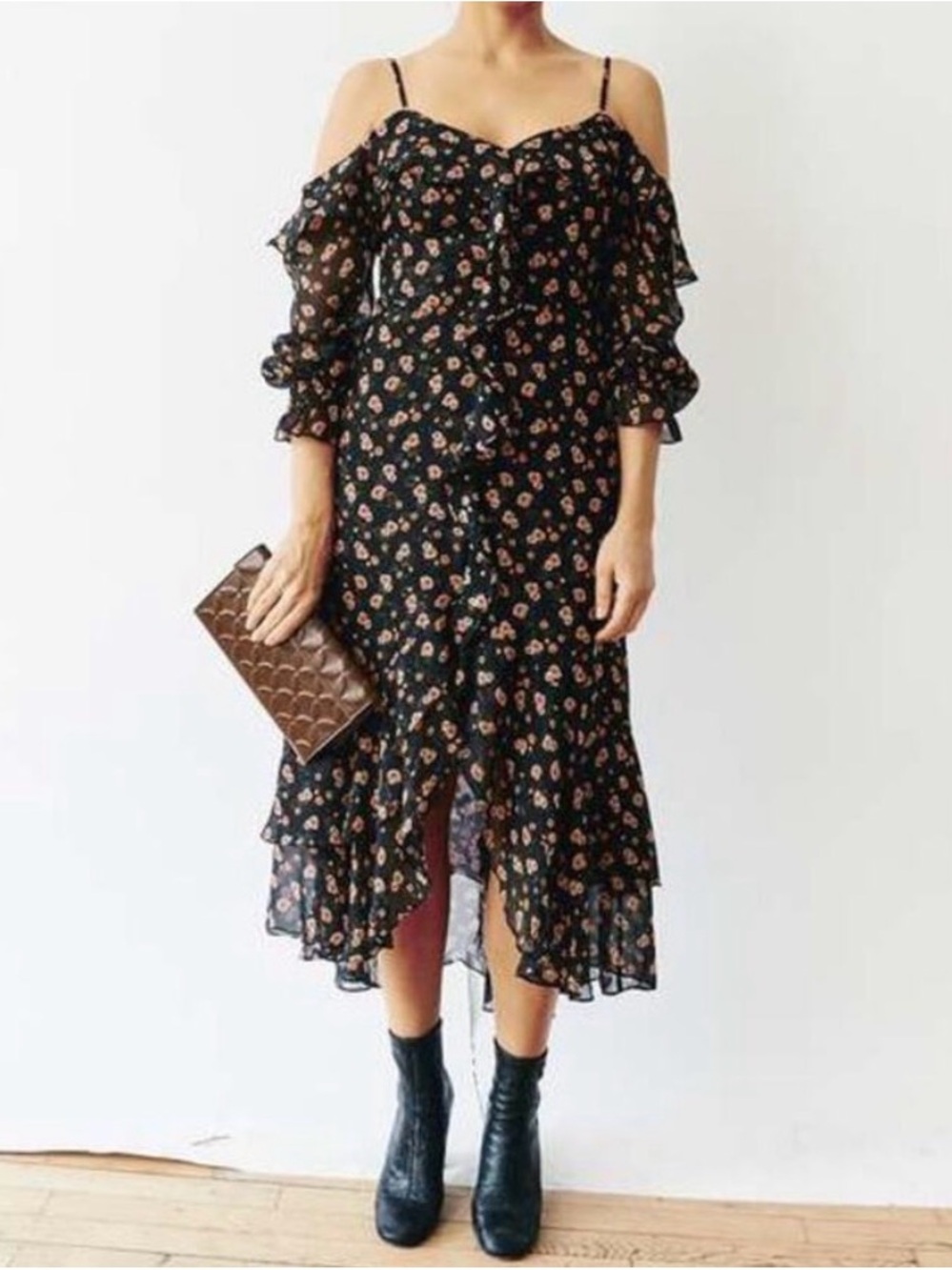 INTERMIX 100% Silk Roses Cold Shoulder Flutter Midi Dress Size 4